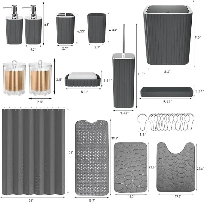 XLHOMO 26PC Bathroom Accessories Set - Gorgeous Grey Bathroom Set, Bathroom Accessory Set, Shower Curtain Set with Bathtub Mats for Shower Tub, Trash Can & Soap Dispenser - ModernBath