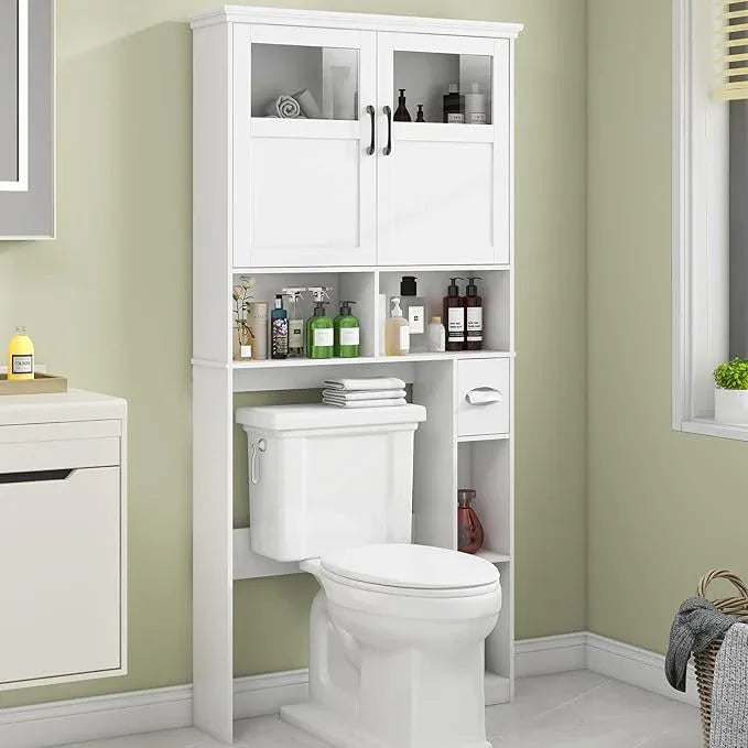 Vabches Freestanding Toilet Storage Cabinet with Double Doors, Shelf Space Saver, Anti-Tip Design & Adjustable Shelf, White - ModernBath