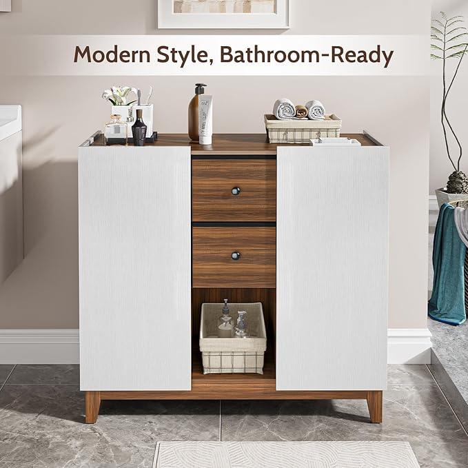 Bathroom Storage Cabinets with Drawers and Doors, Kitchen Storage Cabinet with Adjustable Shelf, Floor Sideboard Buffet Cabinet for Living Room, Kitchen, Hallway, Dining Room, White Walnut - ModernBath