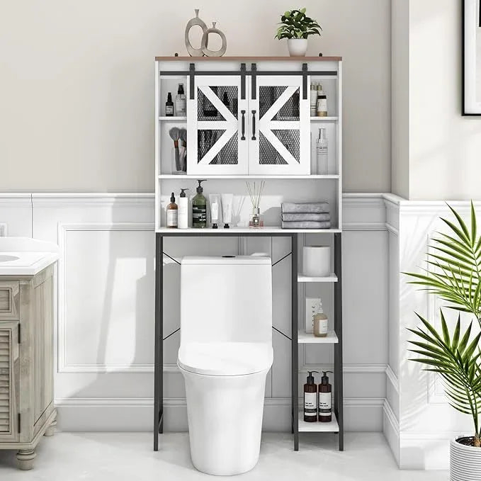 Vabches Over The Toilet Storage Cabinet, Farmhouse Storage Cabinet Over Toilet with Sliding Barn Door，Home Space-Saving Toilet Rack, for Bathroom, Restroom, Laundry White - ModernBath