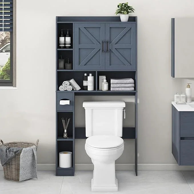 Vabches Over The Toilet Storage Cabinet, Farmhouse Storage Cabinet Over Toilet with 2 Barn Door & Toilet Paper Holder Stand，Home Space-Saving Toilet Rack, for Bathroom, Restroom, Laundry,Blue - ModernBath