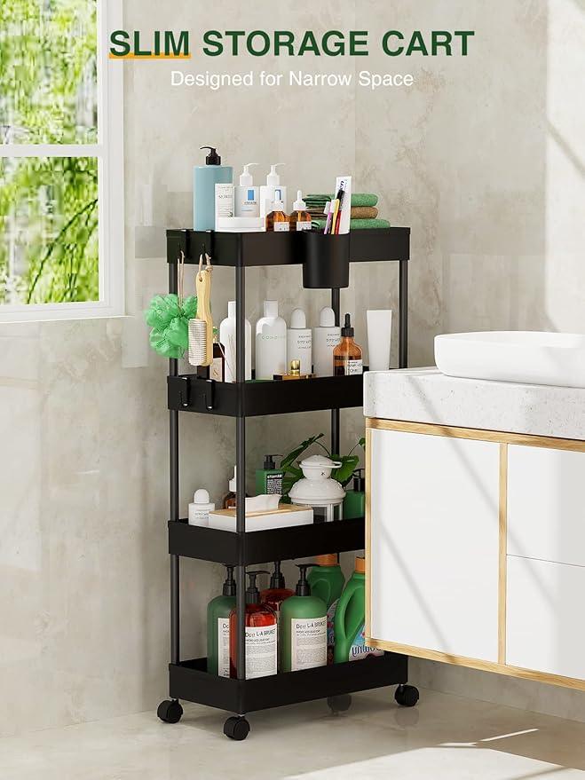 LEHOM Slim Rolling Storage Cart - 4 Tiers Bathroom Organizer Utility Cart Slide Out Storage Shelves Mobile Shelving Unit for Kitchen, Bedroom, Office, Laundry Room, Small Narrow Spaces（7.1" W+Black） - ModernBath
