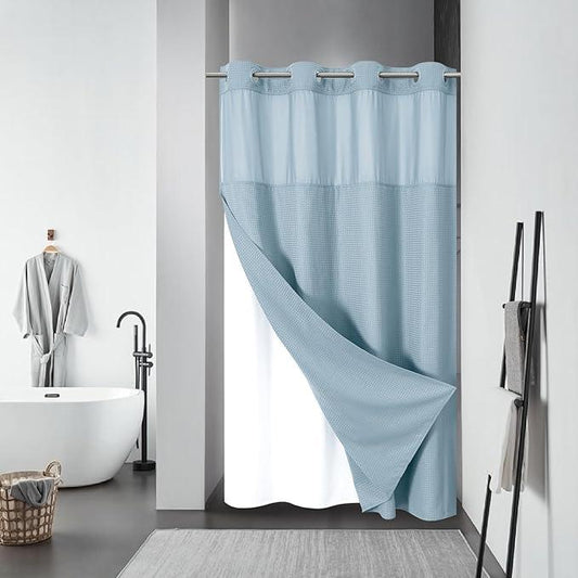 eachope Teal No Hook Waffle Weave Shower Curtain with snap-in Liner Replacement, 230GSM Waterproof Fabric Hotel Shower Curtain Set for Bathroom, Through Mesh Top Window,54Wx80H - ModernBath