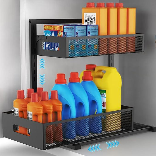 Under Sink Organizer Pull Out Cabinet Organizer Adjustable Height 2 Tier with Sliding Drawers Kitchen Bathroom Organizer and Storage(1pc) - ModernBath