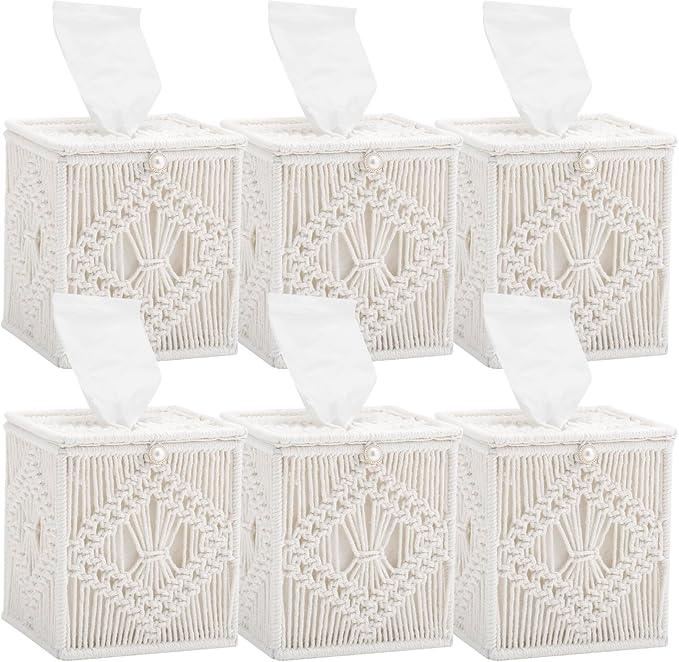 Macrame Tissue Box Cover, 6 Pack Square Boho Decor Tissue Holder, Handmade Woven Cotton Rope Organizer with Open Bottom for Bedroom, Bathroom, Living Room, Office - Ivory - ModernBath