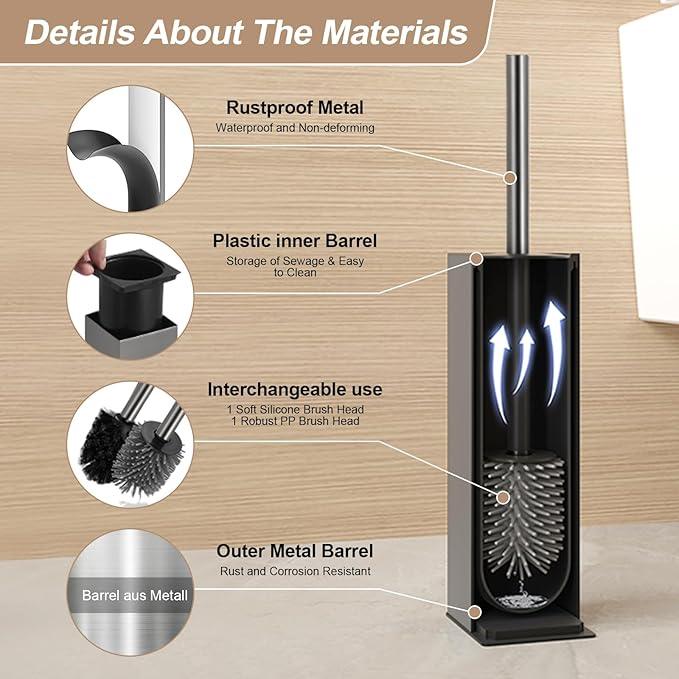 BGL Standing Toilet Brush and Holder GunGrey Aluminium Toilet Bowl Cleaner Brush and Holder for Bathroom Storage and Organization, Square Design Sturdy and Space Saving - ModernBath