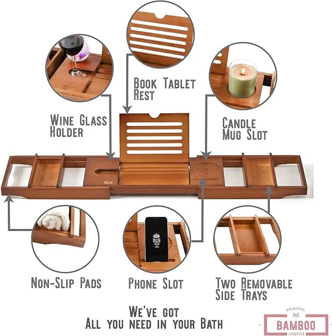 XcE Bamboo Bathtub Caddy Tray - Expandable to 41 Inches with Book Stand, Soap Holder & Anti-Slip Pads for Luxury Bath Spa, Brown - ModernBath