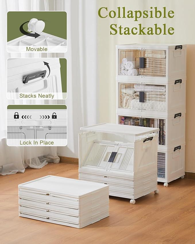 OlarHike 48QT Lockable Storage Bins with Lids - Folding Storage box with Doors and Wheels, Collapsible Plastic Storage Bins for Closets, Stackable Storage Organizer, Storage Containers, 4 Pack Cubes - ModernBath