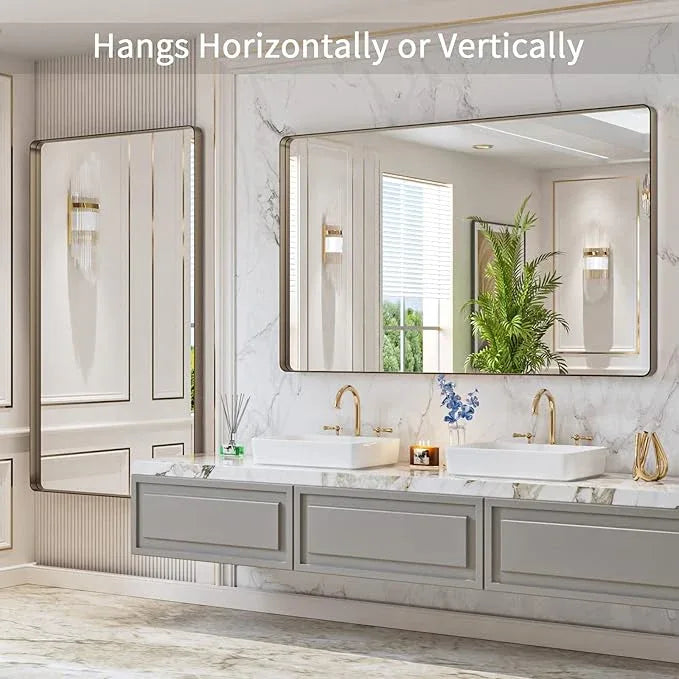 LOAAO 60”X36” Bronze Bathroom Mirrors for Vanity, Rounded Rectangle Brushed Bronze Metal Frame Mirror, Anti-Rust, Tempered Glass, Hangs Horizontally or Vertically - ModernBath