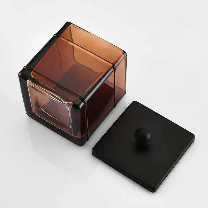 Indecor Home Amber Glass Cotton Jar Holder – Black Lid Elegant Bathroom Storage Canister for Qtips, Cotton Balls, Floss, Makeup Organizer, Vanity & Bathroom Organization - ModernBath