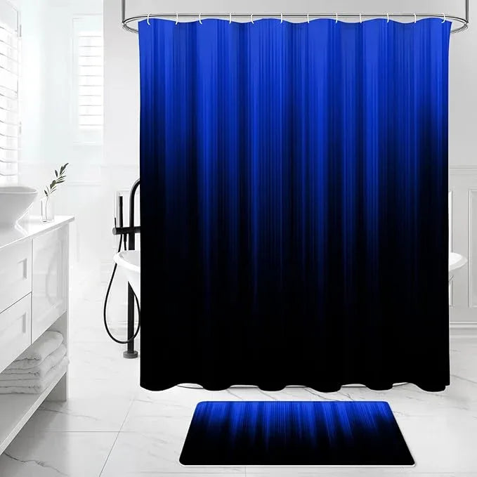 Litabel 4 Pcs Royal Blue and Black Gradient Shower Curtain Set with Rugs and Toilet Lid Cover, Modern Simple Waterproof Fabric Bathroom Set, Ombre Stripe Gothic Abstract Bathroom Decor Set Accessories - ModernBath