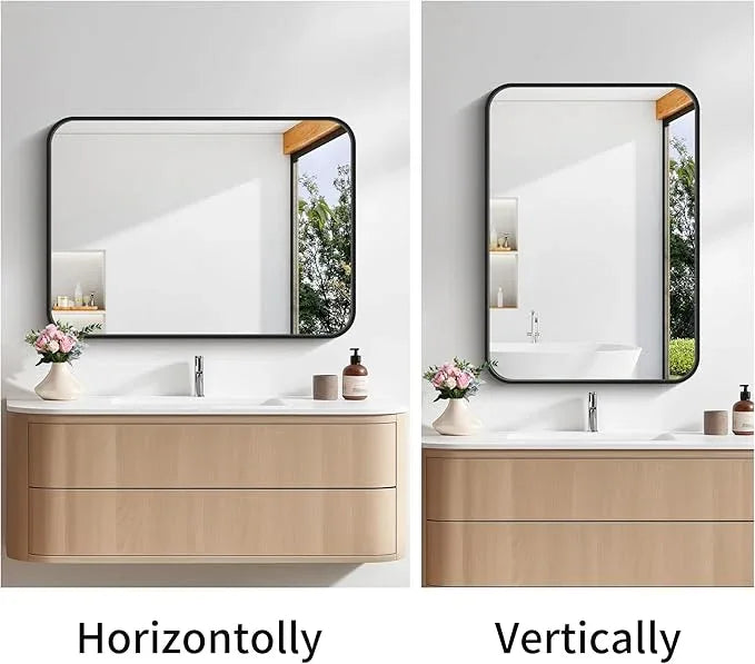 CIVENO Bathroom Mirror, 18 x 24 inch Metal Framed Black Rectangle Mirror, Rounded Corner Rectangular Vanity Mirror, Wall Mounted Mirror for Modern Bedroom Living Room Hangs Horizontal or Vertical - ModernBath