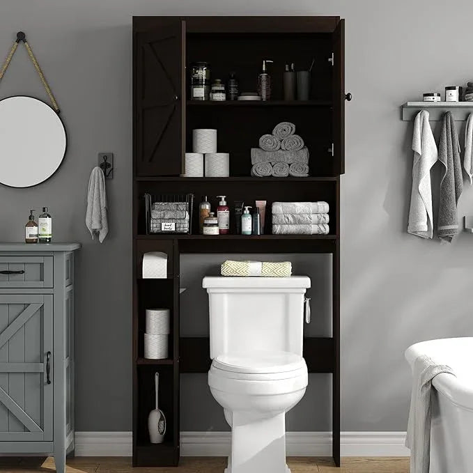 Furnideco 32.3''W Over The Toilet Storage Cabinet with Barn Doors, Over Toilet Shelf Farmhouse Storage Cabinet Space Saver with Toilet Paper Holder & Adjustable Bottom Bar, Espresso - ModernBath