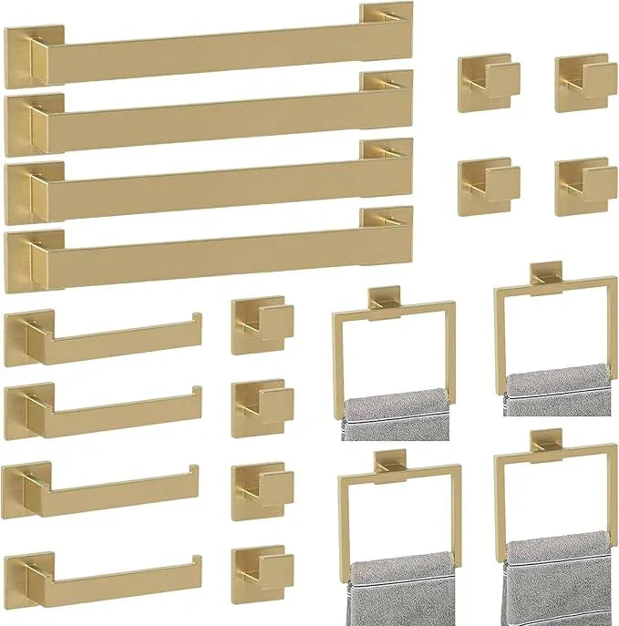 Bathroom Accessory Towel Bar Set: 20 Pieces Gold Bathroom Hardware Square SUS304 Stainless Steel - Wall Mounted Towel Rack&Toilet Paper Holder&Towel Ring and Towel Hook - ModernBath