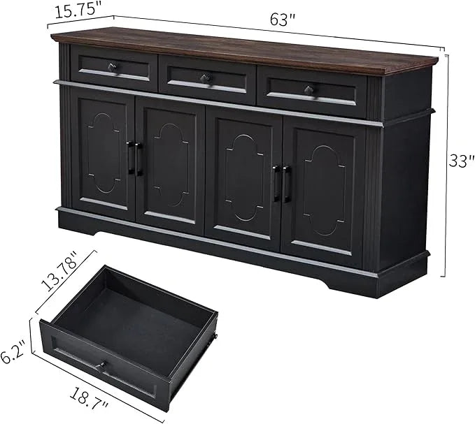 63" Black Buffet Sideboard Cabinet with 4 Doors and 3 Drawers, Modern Farmhouse Kitchen Storage Cabinet, Coffee Bar Cabinet with Adjustable Shelves, Kitchen Living Room Storage, Dining Room - ModernBath