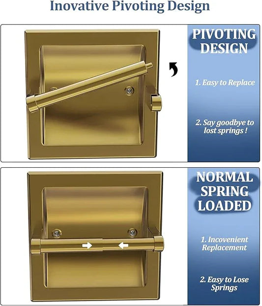 Recessed Gold Toilet Paper Holder, in Wall Toilet Paper Holder Pivoting, Gold Wall Mount Toilet Paper Roll Holder, Bathroom Brushed Brass Stainless Steel Tissue Holder - ModernBath