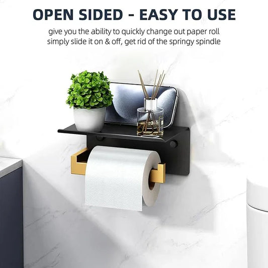 Angle Simple Toilet Paper Holder with Shelf, 304 Stainless Steel Bathroom Tissue Roll Holder for Wall Black and Gold - ModernBath
