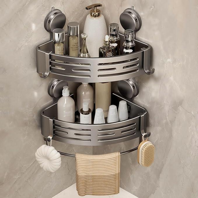 VOLPONE Corner Shower Caddy Suction Cup Shower Shelf Corner No Drilling Bathroom Shower Organizer Storage Rack Adhesive with Towel Bar Hooks (2-Pack, Matte Gray) - ModernBath