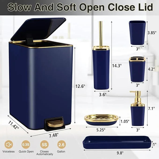 XLHOMO Navy Blue Bathroom Accessories Set 8 Piece Navy Blue and Gold Bathroom Set, Bathroom Sets with Stainless Steel Trash Can,Toilet Brush,Toothbrush Set,Soap Dispenser - ModernBath