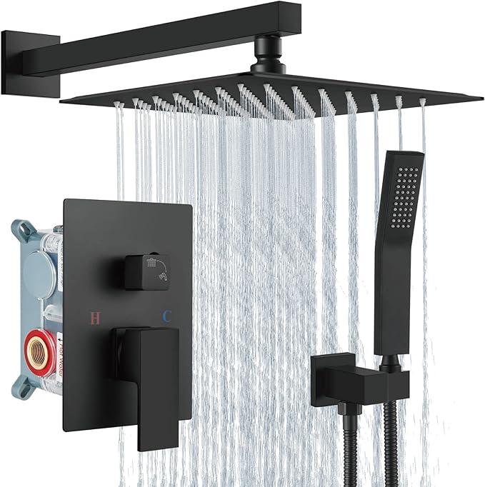 Aolemi Shower Faucet Set Rain Shower System with Handheld Spray Bathroom Shower Combo Rough-in Valve and Shower Trim Kit Included Matte Black 12 Inch Wall Mount Shower Head - ModernBath