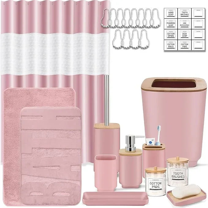 Bathroom Accessories Set,Pink Bathroom Set,24 Pieces Bathroom Accessory Set with Shower Curtain,Trash Can for Bathroom Accessories Décor and Home Gifts - ModernBath
