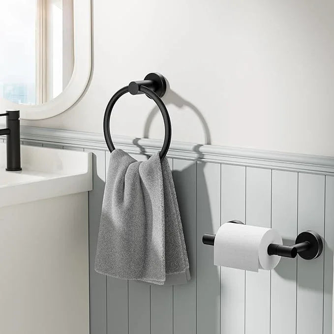 FORIOUS Matte Black Toilet Paper Holder Wall Mount, SUS304 Stainless Steel Double Post Pivoting Tissue Roll Holder and Hand Towel Ring Set for Bathroom, RV, Bathroom Hardware Accessories Set - ModernBath