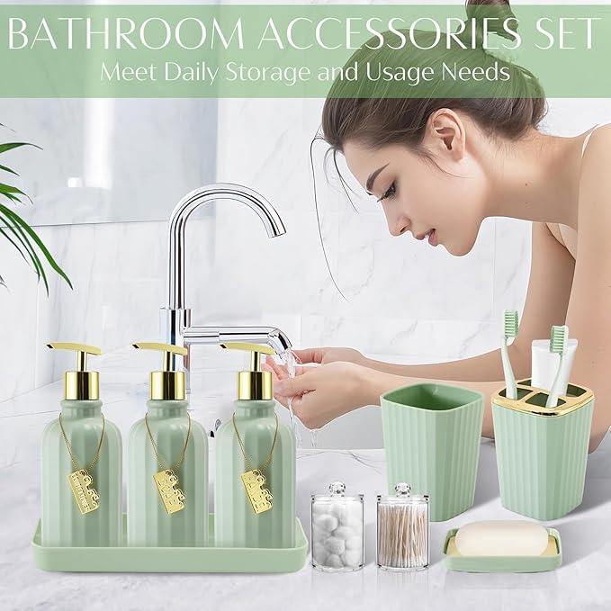 WSBArt 17PCS Bathroom Accessory Set Bathroom Set Green Bathroom Decor,Toilet Brush, Trash Can, Qtip Holder Dispenser& 3PCS Soap Dispenser - ModernBath