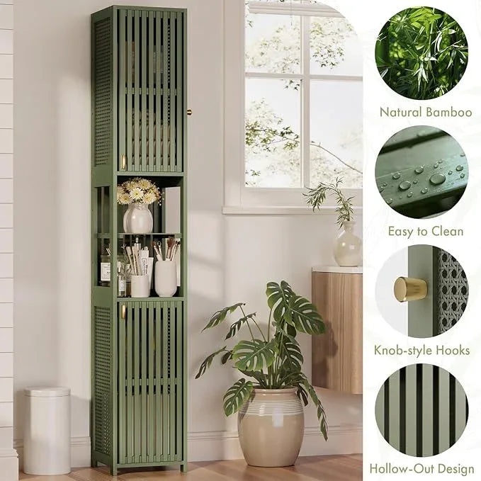 Amazer 70'' Tall Bathroom Storage Cabinet Bamboo, Slim Storage Cabinet with Rattan Door and Adjustable Shelves, Narrow Freestanding Organizer for Living Room Kitchen, Forest Green - ModernBath