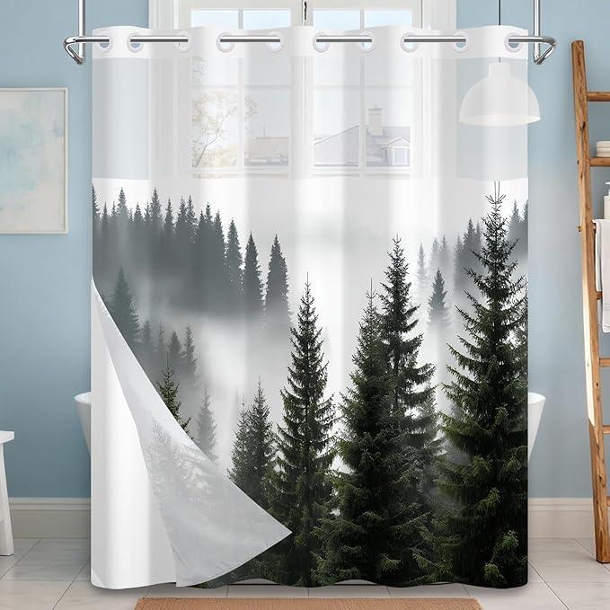 NAEMBCU No Hook Landscape Shower Curtain with Snap-in Liner, Green Misty Forest Bath Curtain with See Through Top, Waterproof Double Layer for Bathroom Decor, 71 x 74 Inch - ModernBath