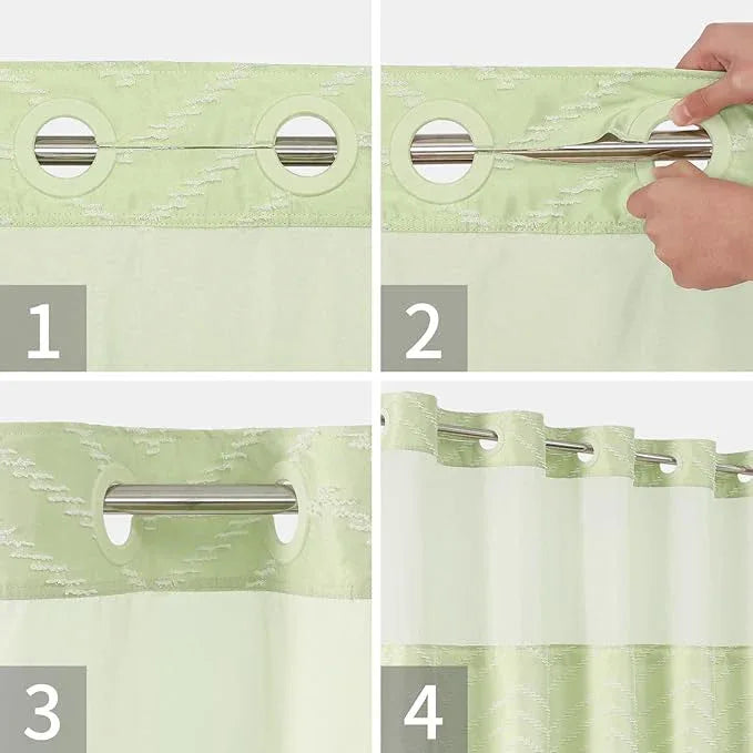 Extra Long No Hook Boho Shower Curtain with Snap-in Fabric Liner Set,71x86,White Woven Fabric Tufted Chevron Striped Design,Modern Chic Minimalist Bathroom Curtain,71x86,Sage Green - ModernBath
