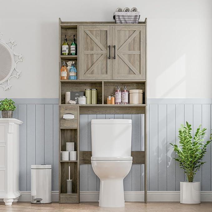 Over The Toilet Storage Cabinet, Farmhouse Storage Cabinet Over Toilet with 2 Barn Door & Toilet Paper Holder Stand, Home Space-Saving Rack, for Bathroom, Restroom (Grey). - ModernBath