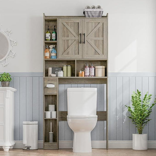 Over The Toilet Storage Cabinet, Farmhouse Storage Cabinet Over Toilet with 2 Barn Door & Toilet Paper Holder Stand, Home Space-Saving Rack, for Bathroom, Restroom (Grey). - ModernBath