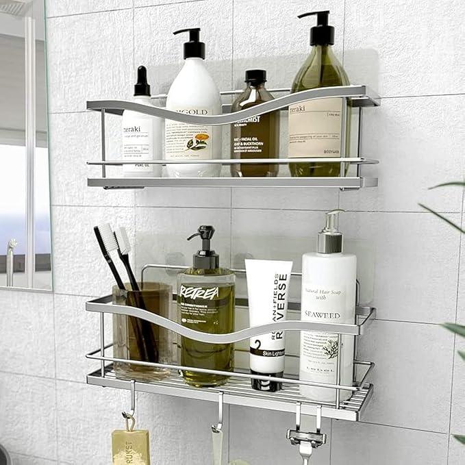 KINCMAX Premium Shower Caddy, Self Adhesive Wall Shower Organizer, 2-Pack No Drill Bathroom Shelves, Rustproof Stainless Steel Shampoo Holder, Storage Rack, Silver - ModernBath