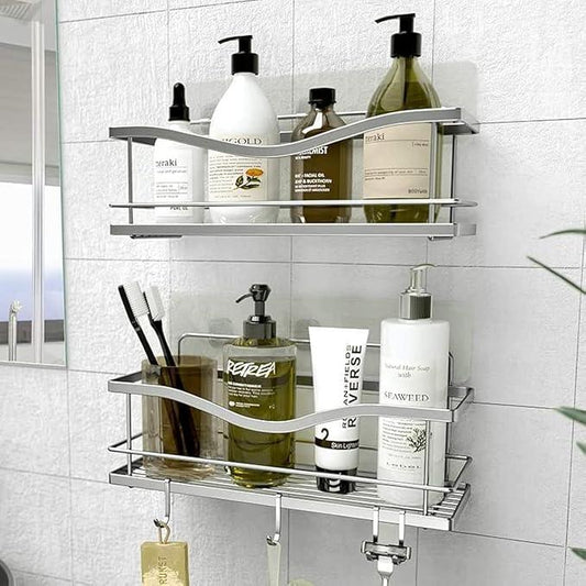 KINCMAX Premium Shower Caddy, Self Adhesive Wall Shower Organizer, 2-Pack No Drill Bathroom Shelves, Rustproof Stainless Steel Shampoo Holder, Storage Rack, Silver - ModernBath