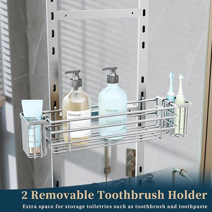 Consumest Over The Door Shower Caddy - 5 Tier Adjustable Shower Organizer Hanging with 2 Toothbrush Holders & 4 Hooks, Rustproof Organizer Shelf, Storage Rack for Bathroom, Silver - ModernBath