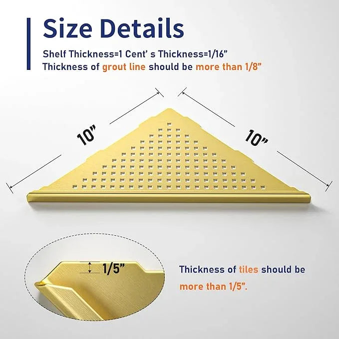 Corner Shower Shelves 10", Brushed Gold 304 Stainless Steel Recessed Bathroom Shelf, Grout in Shelf Rack for Tiled Wall, 2 Pack - ModernBath