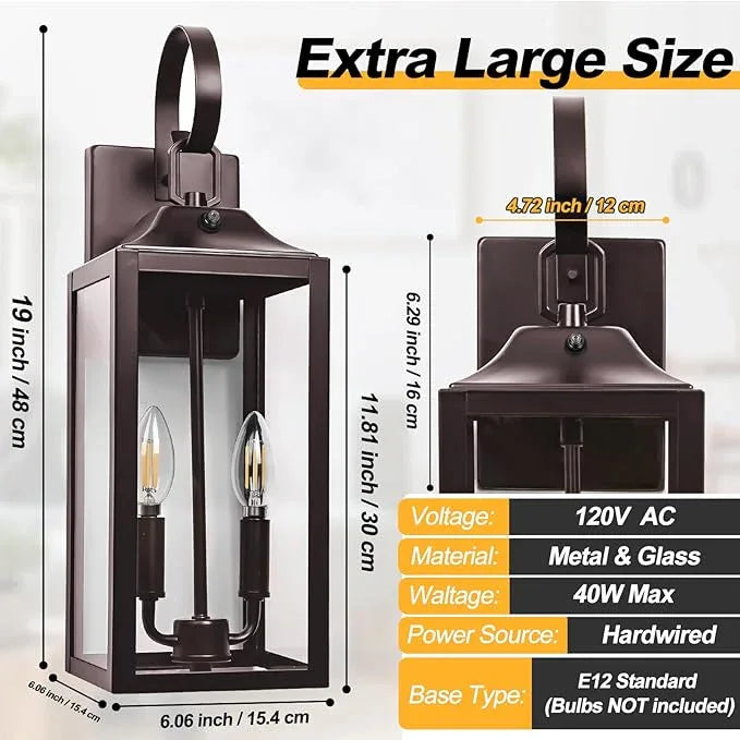 Oil Rubbed Bronze Dusk to Dawn Outdoor Wall Lighting, 19" Large Outside Modern Wall Sconce Lantern, Industrial Porch Light Wall Mount, Waterproof Farmhouse Exterior Lamp 2-Light Brown - ModernBath