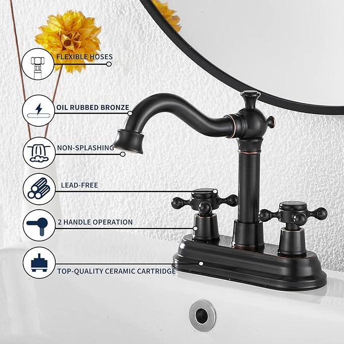 Bathroom Faucet Oil Rubbed Bronze GGStudy 2 Handles 4 Inches Centerset Bathroom Vanity with Drain Assembly and Supply Hose Lavatory Mixer Double Handle Tap - ModernBath