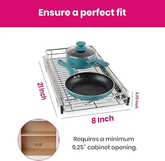 HOLDN’ STORAGE Pull Out Cabinet Organizer, Heavy Duty Caddy w/Lifetime Limited Warranty - 8”W x 21”D - Requires At Least 9-1/4” Cabinet Opening, Steel Metal Cabinet Drawers Slide Out, Chrome - ModernBath