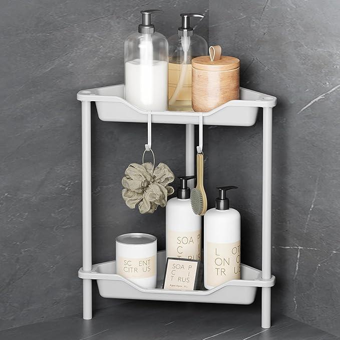 ODesign 2 Tier Floor Standing Corner Shower Caddy Organizer Plastic Metal Splicing Shelf Storage Rack for Bathroom White - Rustproof - ModernBath
