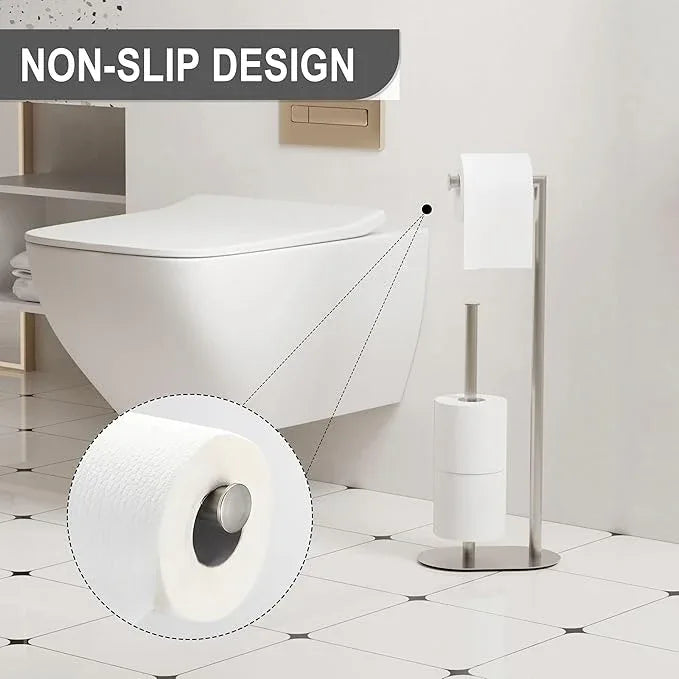 Brushed Nickel Freestanding Toilet Paper Holder with Reserve for Bathroom with Weighted Base, Modern Tissue Roll Holder Stand - ModernBath