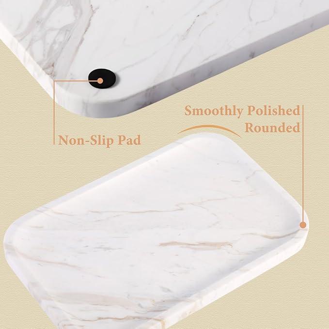 Karibiber Marble Vanity Tray, Marble Bathroom Tray Countertop, Decorative Trays for Dresser Organizer, White Stone Storage Serving Trays for Kitchen, Perfume, Jewelry Cathall Holder - ModernBath