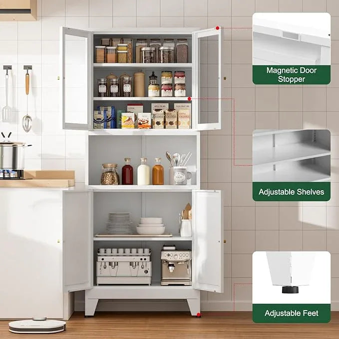 Metal Kitchen Pantry Cabinet, 69" Tall Storage Cabinet with 4 Doors and 3 Adjustable Shelves, Freestanding Cupboards for Dining Room, Living Room, Bathroom (White-Glass, 69" H) - ModernBath