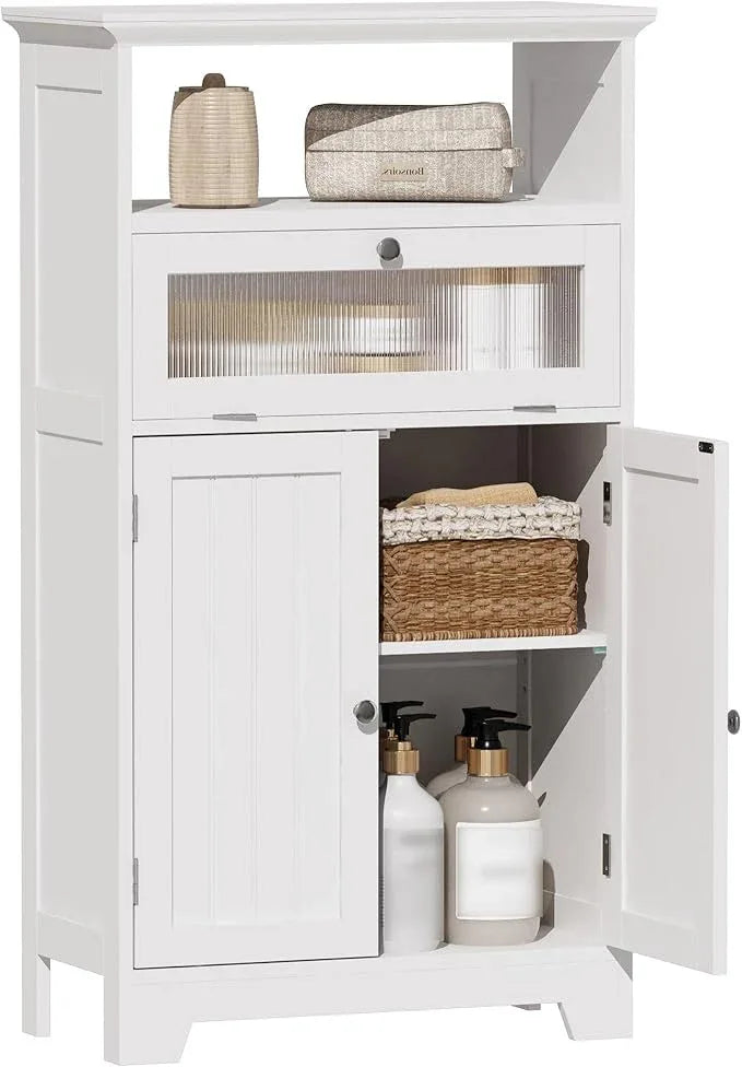 ChooChoo Bathroom Floor Storage Cabinet with Flip Glass Drawer, Freestanding with 2 Doors, Adjustable Shelf & Open Storage for Living Room, Hallway, White - ModernBath