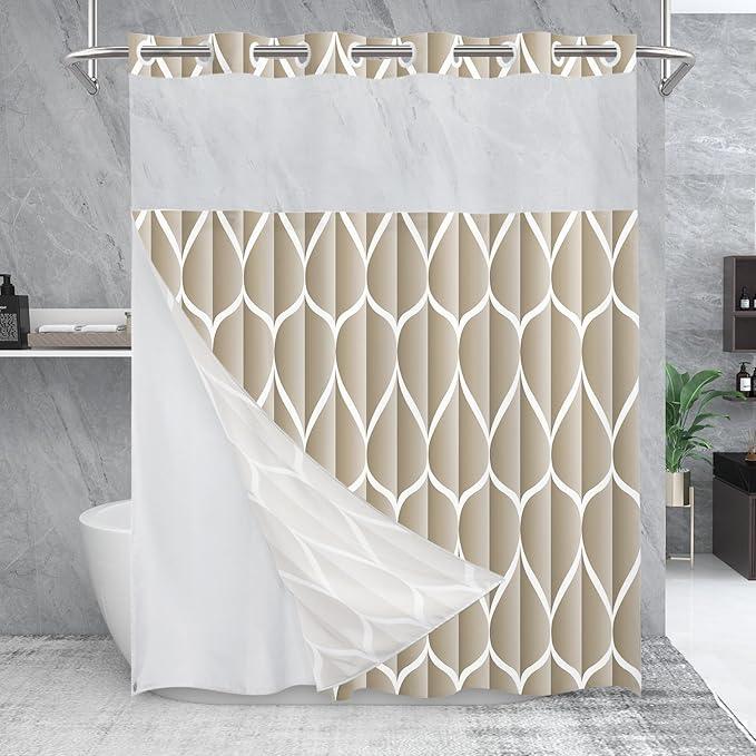 Yiatn No Hook Cream Shower Curtain with Snap in Fabric Liner Set - Hotel Style with See Through Mesh Top Window, Modern Geometric Waterdrop Design,Waterproof and Washable, 71x74 INCH - ModernBath
