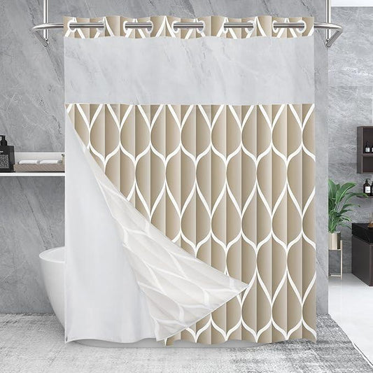 Yiatn No Hook Cream Shower Curtain with Snap in Fabric Liner Set - Hotel Style with See Through Mesh Top Window, Modern Geometric Waterdrop Design,Waterproof and Washable, 71x74 INCH - ModernBath