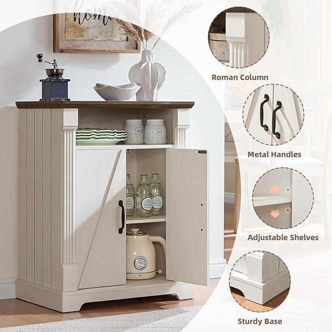 24" Farmhouse Storage Cabinet – Antique White Freestanding Buffet Sideboard with Barn Doors, Adjustable Shelf, Small Coffee Bar for Kitchen, Bathroom & Living Room - ModernBath