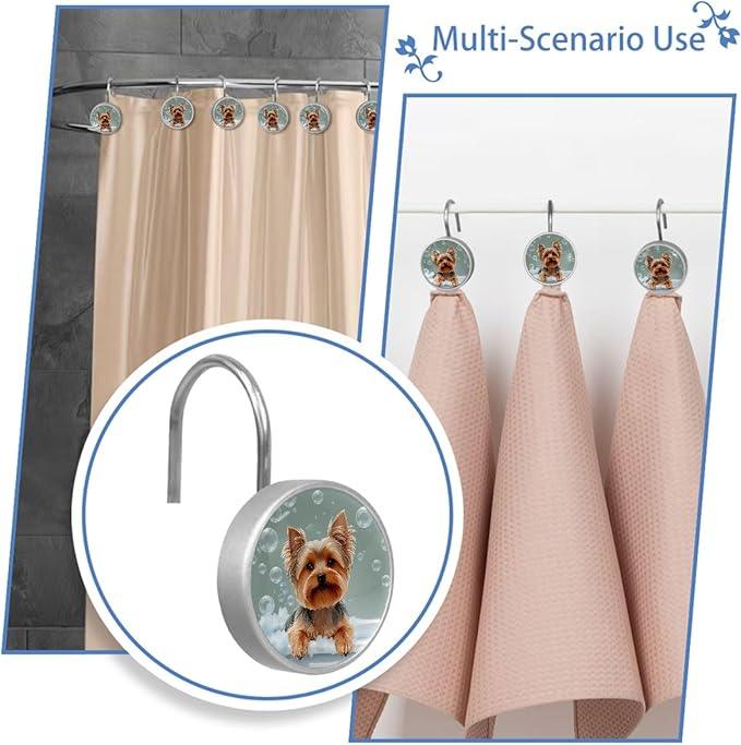Bathing Dog and Bubbles Shower Curtain Hooks 12Pcs, Decorative Rust Resistant Shower Rings for Shower Curtain Rods, Stainless Steel Round Curtain Hooks for Bathroom, Bedroom, Farmhouse - ModernBath