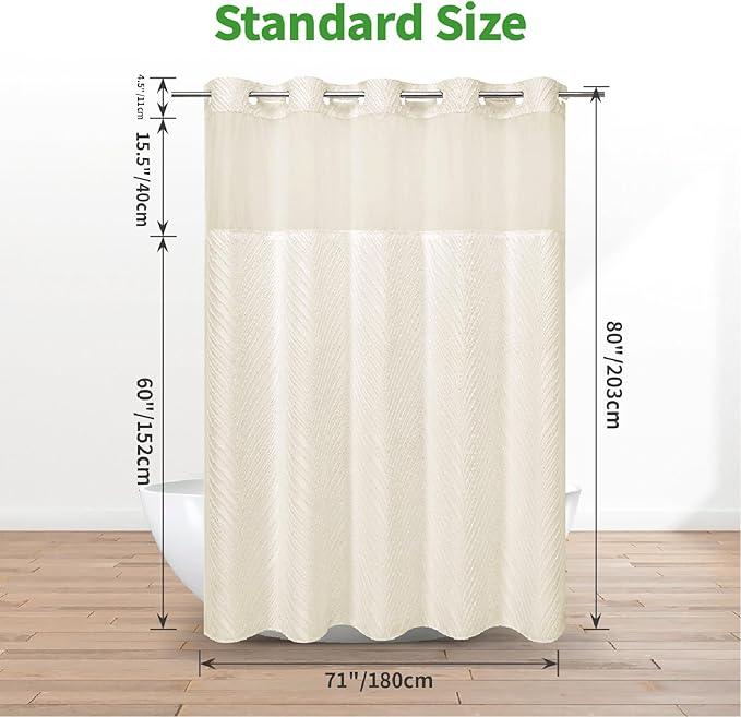 eachope No Hook Shower Curtain and Liner Set,No Hook Tufted Striped Textured Shower Curtain with Snap in Liner Replacement,Boho Style with See Through Top Window,White, Beige/Cream, 71Wx80H - ModernBath