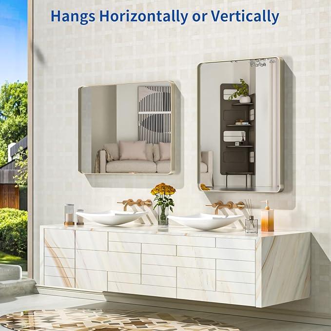 WEER 24X32 Inch Brushed Nickel Bathroom Mirror, Brushed Silver Metal Frame Mirror, Rounded Rectangle Silver Bathroom Vanity Mirror, Tempered Glass, Anti-Rust, Hangs Horizontally or Vertically - ModernBath